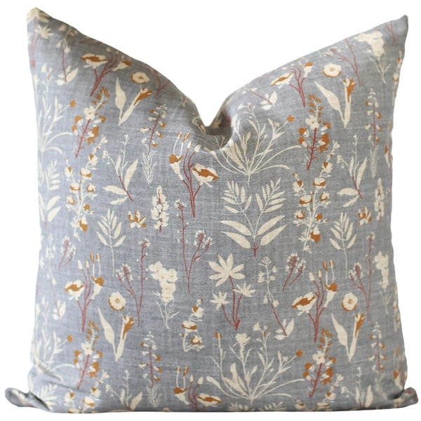 Wildflower Pillow Cover, Blue Grey Pillow Cover, Grey, Rust and Cream Pillow Cover, Grey Floral Throw Pillow Covers, Spring Pillow Covers