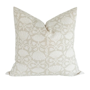 Floral Block Print Pillow Cover: Green Celadon, Neutral Cotton Throw image 1