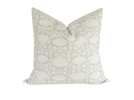 Floral Block Print Pillow Cover: Green Celadon, Neutral Cotton Throw