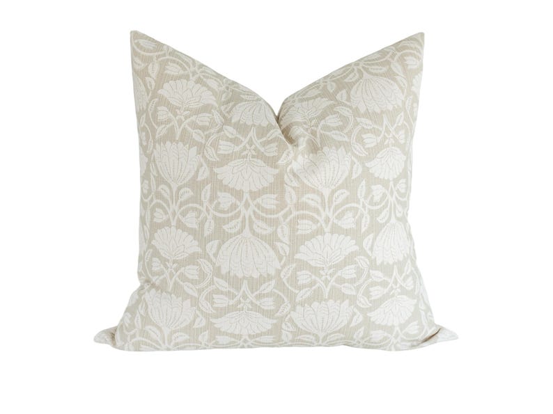 Floral Block Print Pillow Cover: Green Celadon, Neutral Cotton Throw image 1