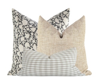 Check Pillow Combination Set, Textured Pillow, Block Print Pillow Covers, Plaid Pillow Cover, Floral Pillow Cover, Tweed Texture Pillows