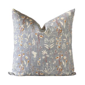 Rustic Blue Wildflower Throw Pillow, Blue Grey Pillow, Rust and Cream Pillow Cover, Blue Floral Pillow, Pillow Covers || Wildflower