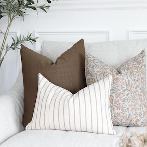 Brown Throw Pillow • Floral Linen Pillow Cover Set • Neutral Pillow Combination • Throw Pillow Set for Couch • Floral Accent Pillow