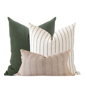 Pillow Combination Set, Green Linen Pillow Cover, Black Striped Pillow Covers, Brown Throw Pillow, Hmong Pillow, Striped Pillow Cover