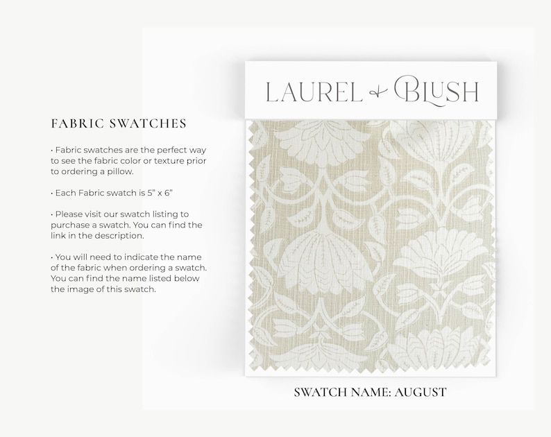 May include: A fabric swatch sample from Laurel & Blush in the color August. The swatch features a white floral pattern on a beige linen background. The swatch measures 5 inches by 6 inches.