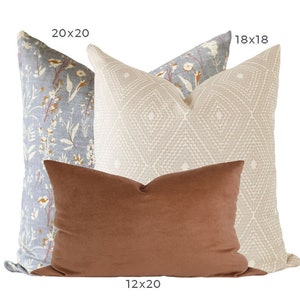 May include: A collection of decorative throw pillows in various sizes. Includes a 20x20 inch floral print pillow, an 18x18 inch diamond-patterned pillow, and a 12x20 inch solid brown pillow. The pillows are arranged against a white background.