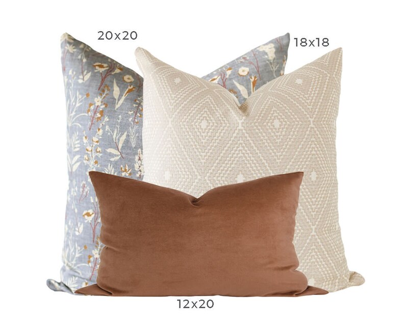 May include: A collection of decorative throw pillows in various sizes. Includes a 20x20 inch floral print pillow, an 18x18 inch diamond-patterned pillow, and a 12x20 inch solid brown pillow. The pillows are arranged against a white background.