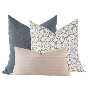 Pillow Combination Set, Blue Linen Pillow Cover, Designer Pillow, Floral Pillow Cover, Blush Pillow Cover, Couch Pillows Set