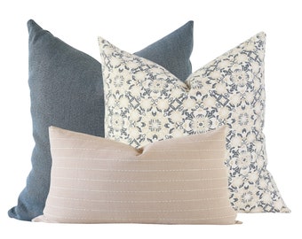 Pillow Combination Set, Blue Linen Pillow Cover, Designer Pillow, Floral Pillow Cover, Blush Pillow Cover, Couch Pillows Set