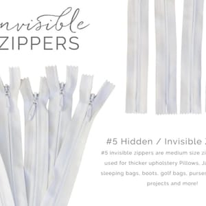 May include: White invisible zippers, ideal for various sewing projects. The image shows several zippers, with the text "invisible ZIPPERS" at the top. The text also mentions that these are medium-sized zippers.
