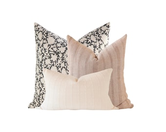Black Floral Sofa Pillow Combination: Curated Designer Pillow Sets, Striped Throw Pillows