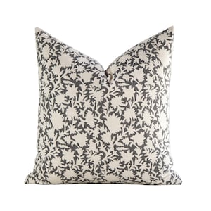 Floral Pillow Cover, Black Pillow Covers, Black Floral Pillow Cover, Floral Block Print Pillow Cover, Neutral Pillows, Decorative Pillow