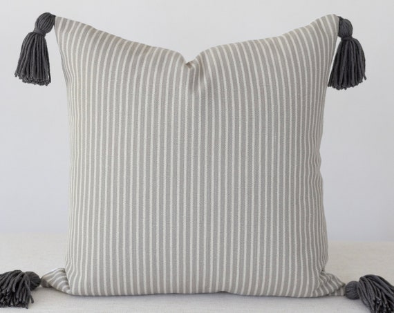 Grey Stripe Pillow Cover with tassels Beach House Pillow Gray White | Beach