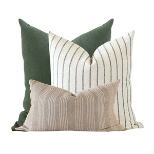 Pillow Combo, Throw Pillows Set, Green Linen Throw Pillows, Stripe Throw Pillow, Striped Throw Pillows, Lumbar Pillow, Pillow Covers 20x20