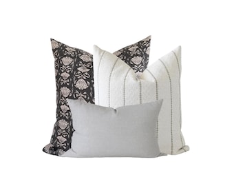 Juego de fundas de almohada hechas a mano: Estampado floral negro, Rayas, Lino gris