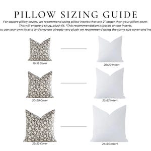 May include: A pillow sizing guide infographic featuring the text PILLOW SIZING GUIDE. It displays three pairs of square pillows: patterned covers on the left and solid white inserts on the right, labeled with sizes ranging from 18x18 to 24x24 inches.