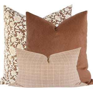 Pillow Combination Set, Plaid Throw Pillow, Rust Pillow Cover, Block Print Throw Pillow, Handmade Pillow, Velvet Pillow, Designer Pillow