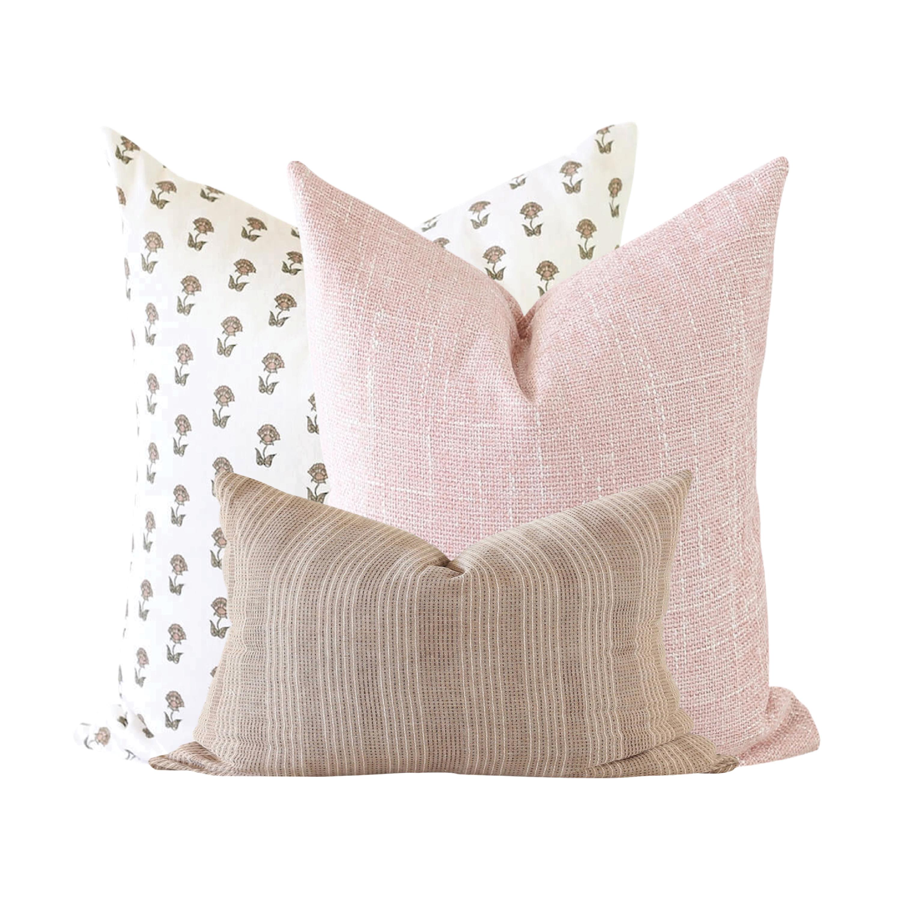 Pink Designer Pillow Set, Pillow Combination Set, Modern Farmhouse, Blush Pillow Cover, Floral Block Print Pillow Cover, Linen Pillow