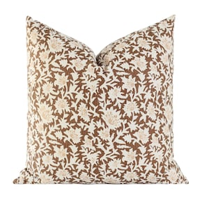 Floral Block Print Pillow Cover: Rust Copper Farmhouse Decor