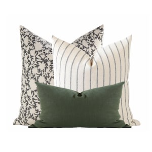 Green Sofa Pillow Covers, Block Print Pillow, Black Stripe Pillow, Green Linen Pillow Cover, Decorative Pillows, Throw Pillow Sets for Couch