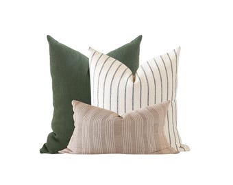 Pillow Combination Set, Green Linen Pillow Cover, Black Striped Pillow Covers, Brown Throw Pillow, Hmong Pillow, Striped Pillow Cover