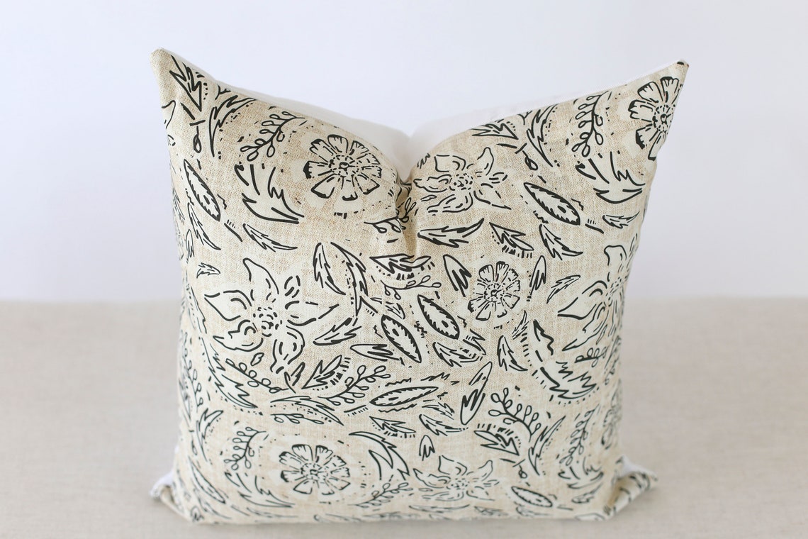 Black and White Floral Pillow Cover 20x20 Neutral Pillow Etsy