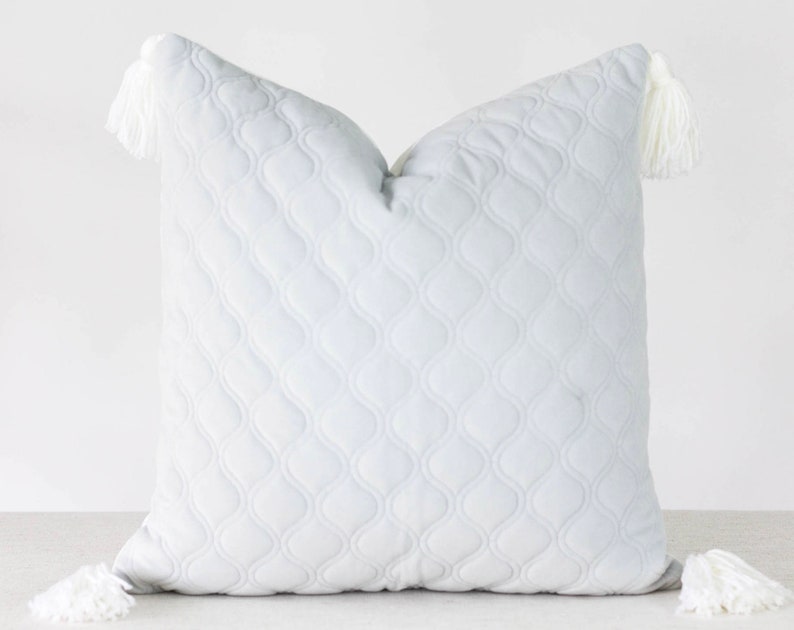 Grey Velvet Quilted Pillow with White Tassels Grey Velvet Etsy