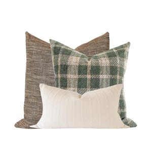 Green Plaid Throw Pillow Cover Set: Tweed, Textured Stripe - USA Made
