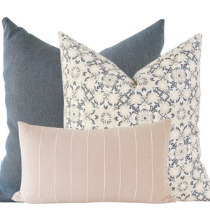 Pillow Combination Set, Blue Linen Pillow Cover, Designer Pillow, Floral Pillow Cover, Blush Pillow Cover, Couch Pillows Set