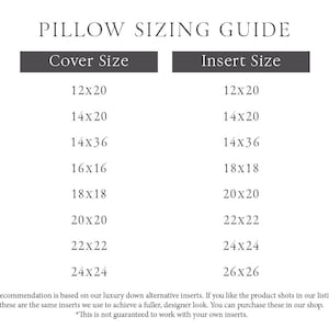 May include: A pillow sizing guide chart with the title PILLOW SIZING GUIDE. It features two columns labeled Cover Size and Insert Size, listing numerical dimensions for various pillow sizes ranging from 12x20 to 24x24 inches for covers.