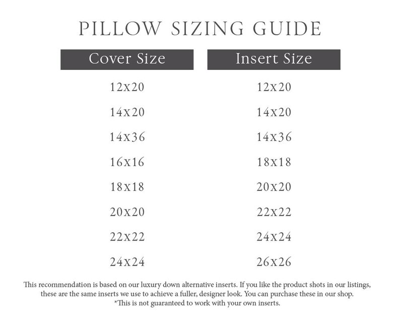 May include: A pillow sizing guide chart with the title PILLOW SIZING GUIDE. It features two columns labeled Cover Size and Insert Size, listing numerical dimensions for various pillow sizes ranging from 12x20 to 24x24 inches for covers.