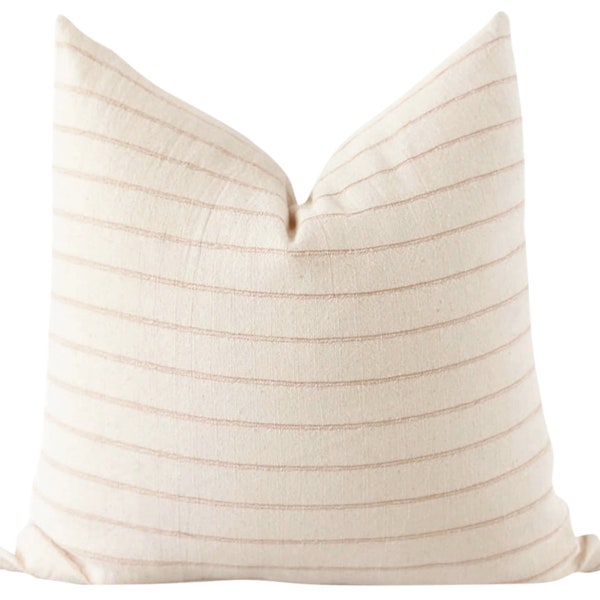 Cream Striped Pillow Cover, Modern Farmhouse Pillow, Subtle Orange Stitched Stripe, Throw Pillows 20x20, Neutral Throw Pillow, Luxury Pillow