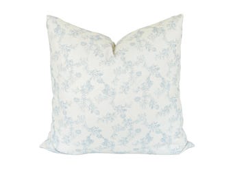 Blue Floral Toile Pillow Cover: Linen Blend, French Country Style