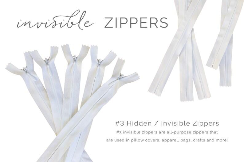May include: White invisible zippers are displayed against a white background. The text "invisible ZIPPERS" is at the top. The text "#3 Hidden / Invisible Zippers" is at the bottom, with a description of the product.