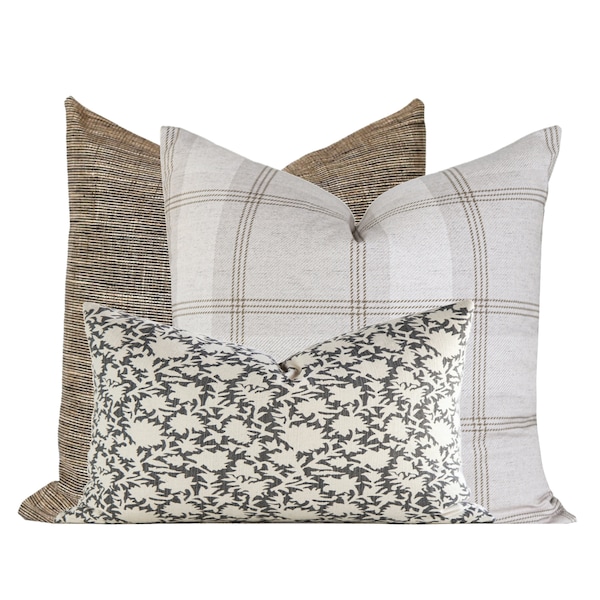 Pillow Combination Set, Brown Textured Pillow, Block Print Pillow Covers, Plaid Pillow Cover, Floral Pillow Cover, Tweed Texture Pillows