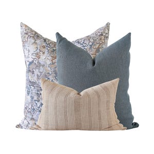 Blue Linen Throw Pillow Cover Set: Turkish Rug & Striped Accent Pillows