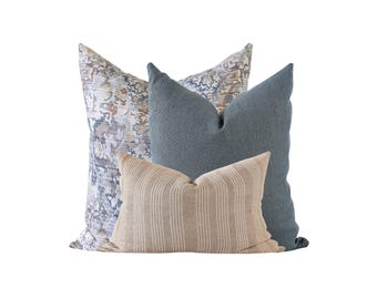 Blue Linen Throw Pillow Cover Set: Turkish Rug & Striped Accent Pillows