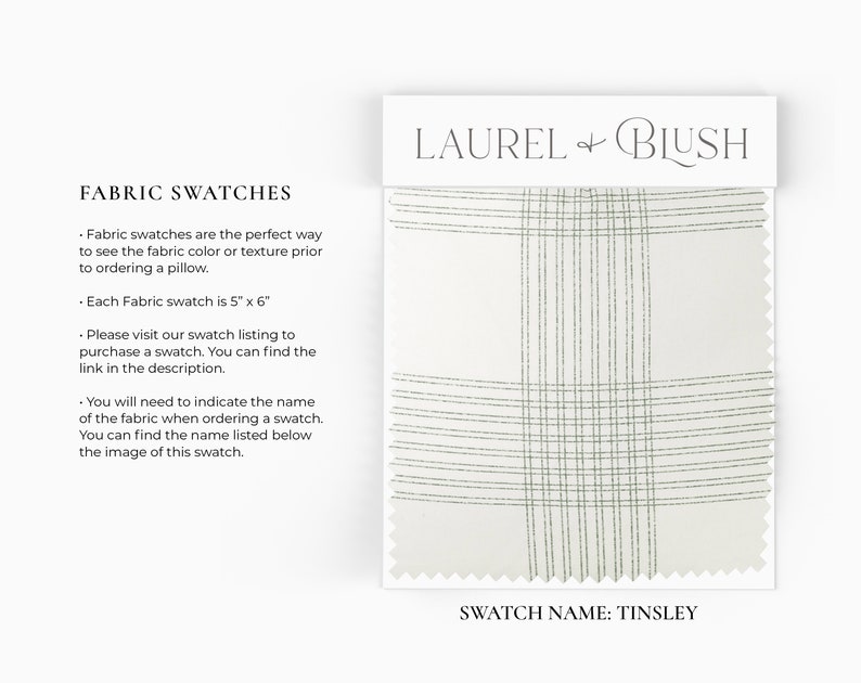 May include: A fabric swatch labeled Tinsley featuring a white base with a sage green plaid pattern consisting of thin, parallel lines. The swatch is attached to a white header card with the text Laurel & Blush. The swatch measures 5 inches by 6 inches.