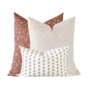 Pillow Combination Set, Terracotta Floral Pillow, Rust Pillow, Modern Farmhouse, Neutral Pattern Pillow Covers, Designer Fall Pillow Covers