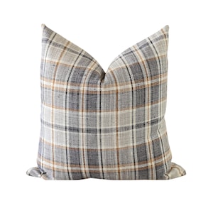 Rust Orange and Navy Plaid Pillow Cover: Fall Modern Farmhouse Throw Pillow