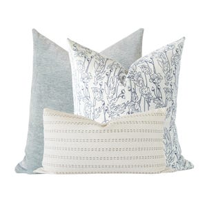 Pillow Cover Set: Sage Velvet, Blue Floral, Grey Stripe - Modern Farmhouse Boho