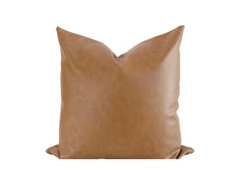 Cognac Faux Leather Throw Pillow Cover, Brown Vegan Leather Cushion, Modern Neutral Decor, Laurel and Blush