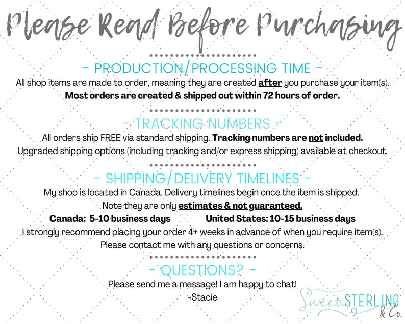 May include: A white background with text that reads "Please Read Before Purchasing." The text details production time, tracking numbers, shipping timelines, and contact information. The shop is located in Canada.