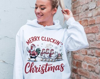 Merry Cluckin' Christmas PNG: design a sublimazione con divertenti polli da fattoria e albero di Natale (download digitale)