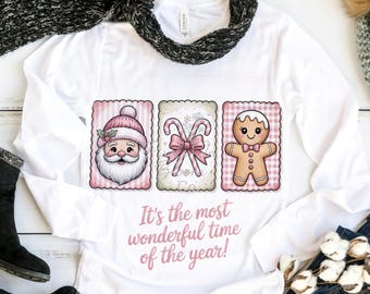 Preppy Christmas PNG: cornice Coquette con fiocco rosa, bastoncino di zucchero, pan di zenzero, design a sublimazione (download digitale)