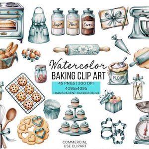 Turquoise Baking Clipart | Watercolor Baking Supplies Clipart | Baking PNG | Vintage Baking Clipart Bundle | Baking Tools | Digital Download
