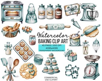 Pacchetto di clipart per dolci ad acquerello: utensili da forno turchesi (download digitale)