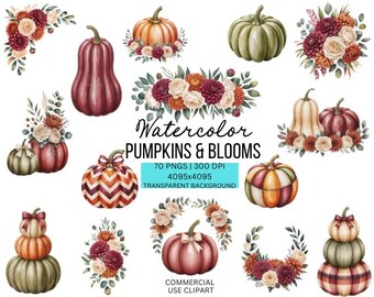 Clipart di fiori e zucche autunnali ad acquerello: 70 PNG autunnali arancioni e bordeaux (download digitale)