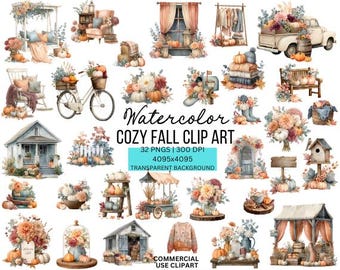 Pacchetto di clipart autunnali con acquerelli: grafica autunnale accogliente (download digitale)