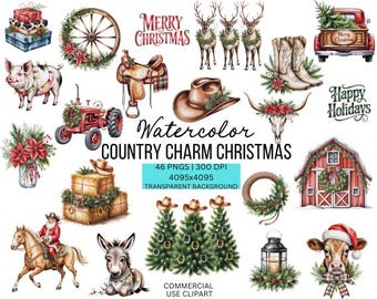 Clipart natalizie in stile acquerello: 46 file PNG festivi (download digitale)